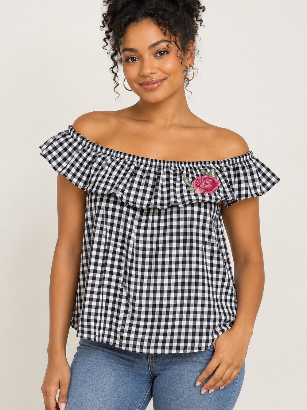 Ambiance Gingham Off Shoulder Rose Top M
